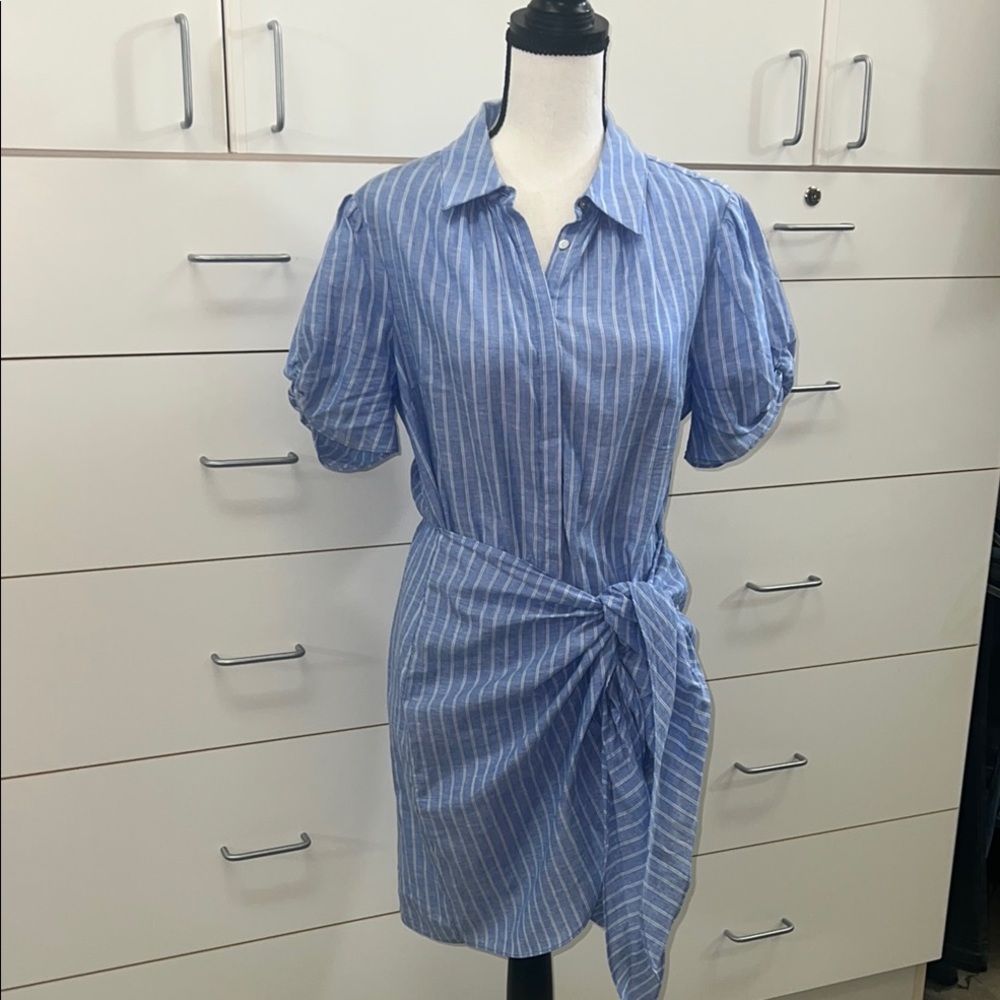 Cing a Sept Tira Linen Pinstripe Puffed Short Sleeve Self-Tie Waist Mini Dress 6 - Picture 2 of 9